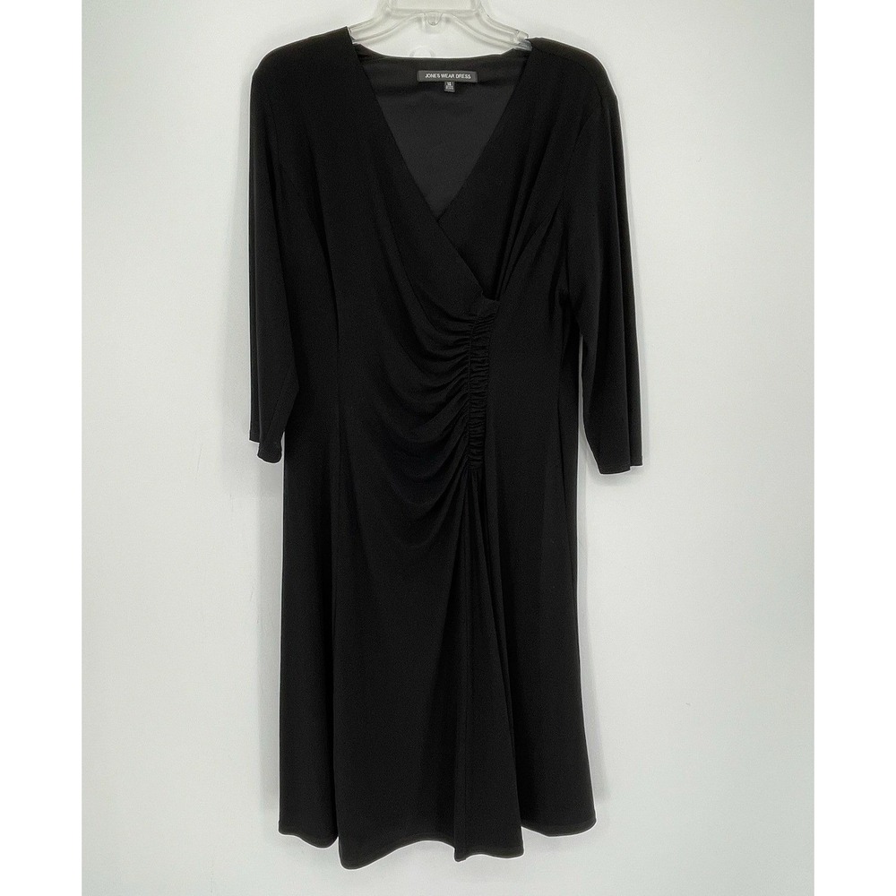 Jones Wear Dress Women's Black Faux Wrap Stretch Ruched LBD Sheath Dress Size 14